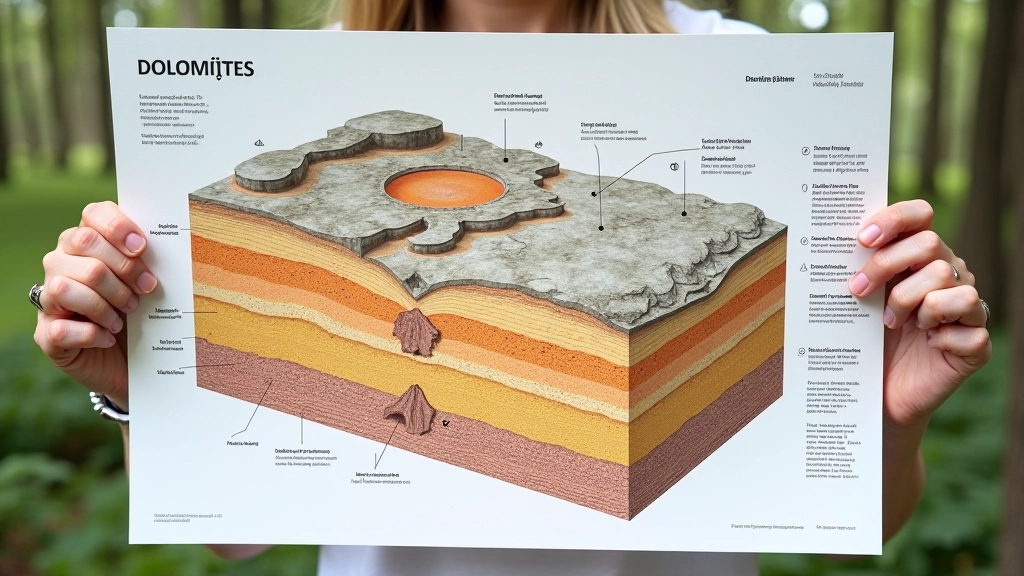 Ģeoloģiska šķērsgriezuma diagramma ar dolomīta veidošanās slāņiem, jūras ūdens, organisko vielu un laika mērogu