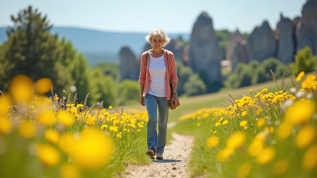 Pensionāre pastaigājas pa skaisto pļavu, dolomīta klints fona