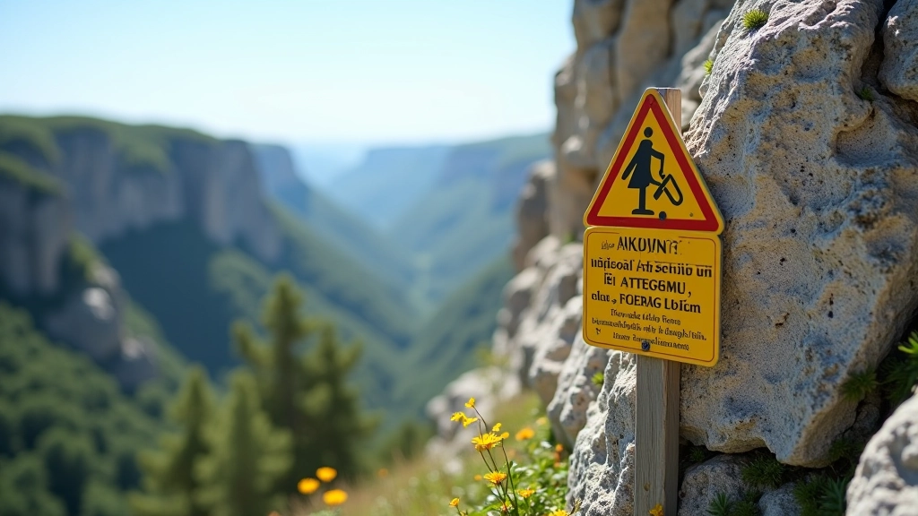 Brīdinājuma zīme pie klintīm ar informāciju par drošību, aizmugurē dolomīta krauju ainava